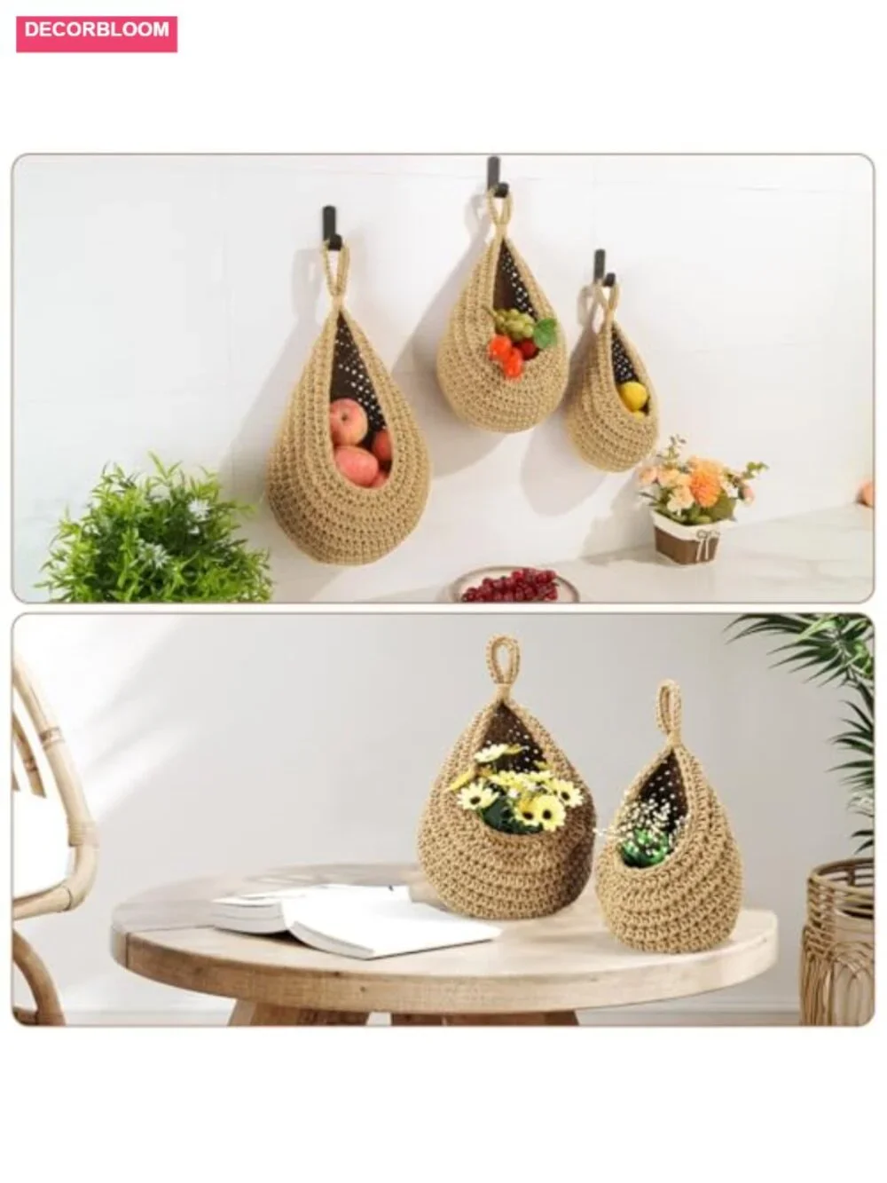 Hanging Wall Baskets 3 Pack with Strong Hooks, Cotton Storage for Kitchen